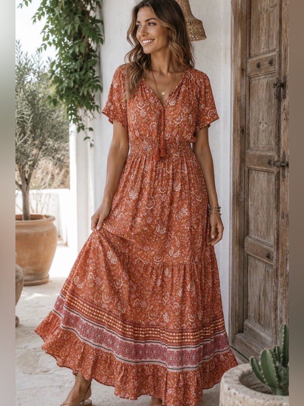 Knox Rose Women's Boho Rust Floral Maxi Dress with Tassel Tie